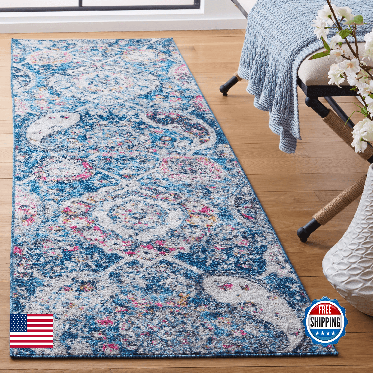 SAFAVIEH Madison Collection Runner - 2'3" x 6', Blue & Grey, Non-Shedding & Easy - Image 1