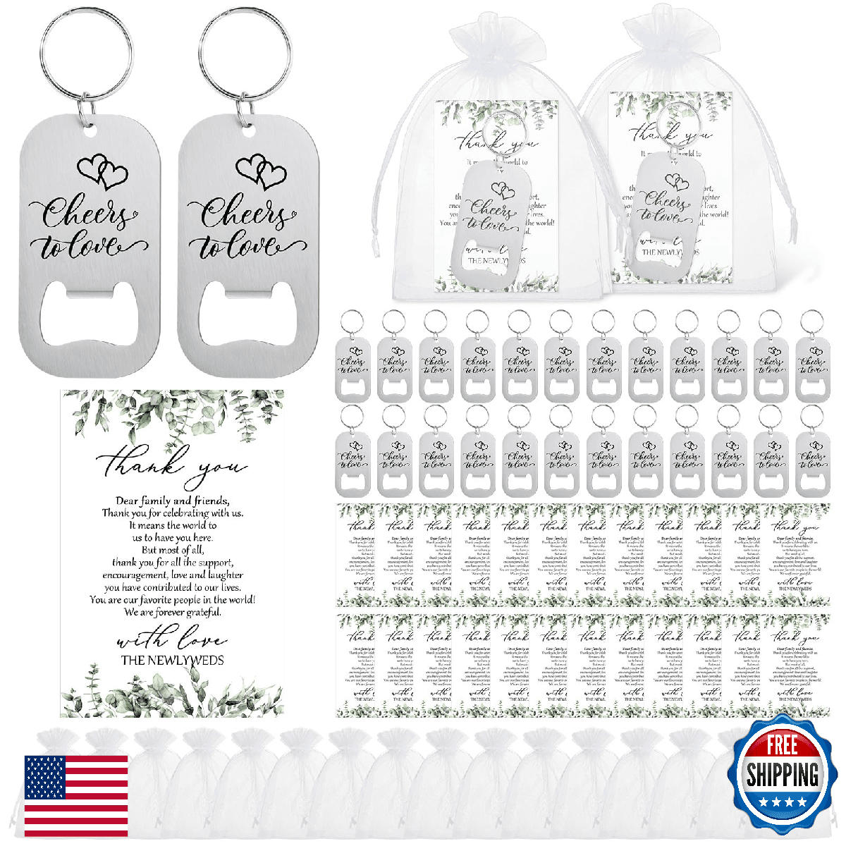100 Sets Key Bottle Opener Wedding Favors for Guests - Stainless Steel - Silver - Image 1