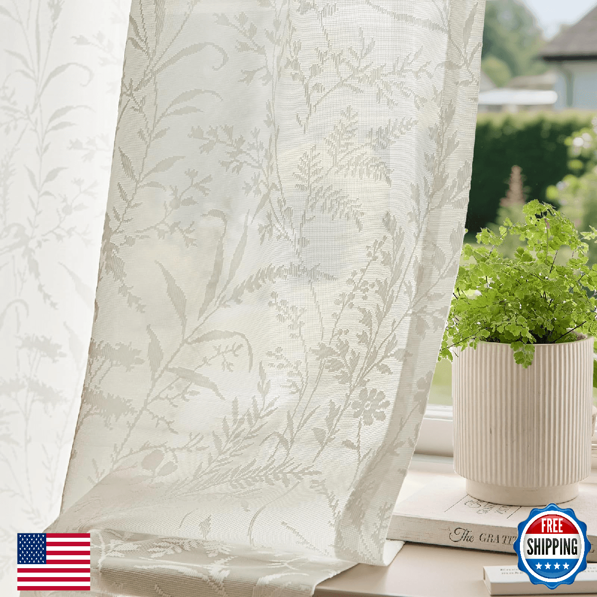 Anmao Beige Semi Sheer Curtains 102"L, 2 Panels, Leaf Pattern Light Filtering - Image 1