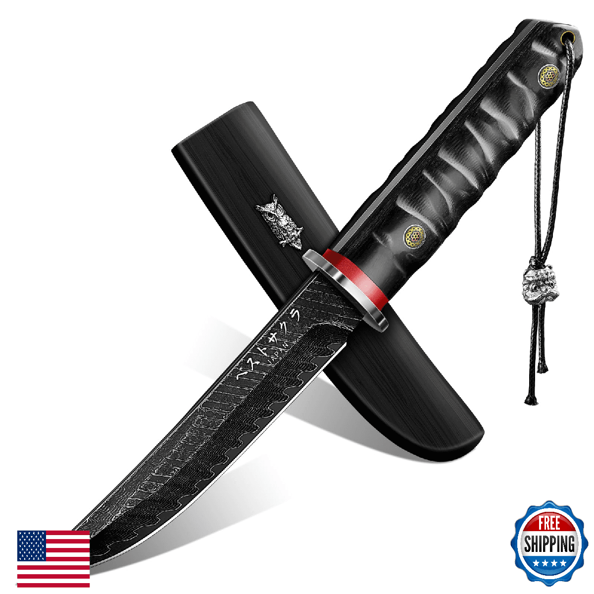 PurpleBird Japanese Fixed Blade Knife - Sharp Samurai Tanto Knife with Wooden Sh - Image 1