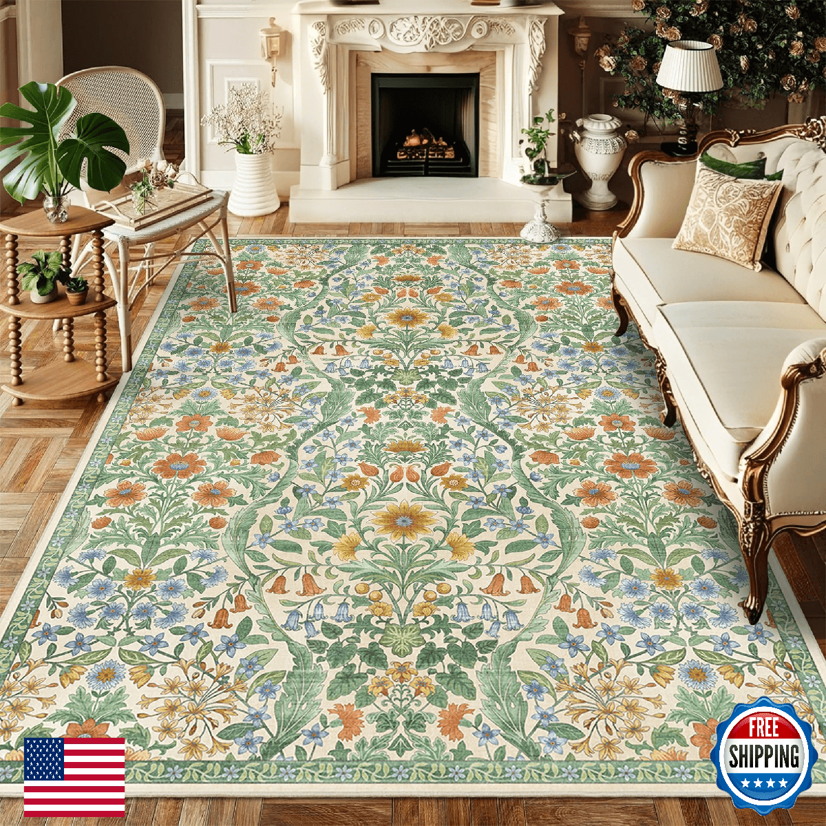 5×7 Grass Green Washable Floral Area Rug,Vintage Boho Soft Low-Pile Living Room - Image 1