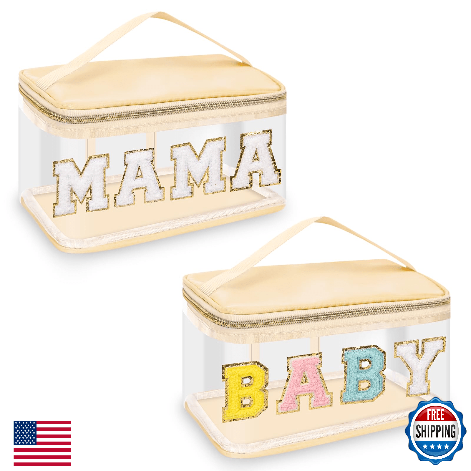 2 Pcs Chenille Letter Clear Makeup Bags Mama Baby Pouch Preppy Patch Cosmetic Ba - Image 1