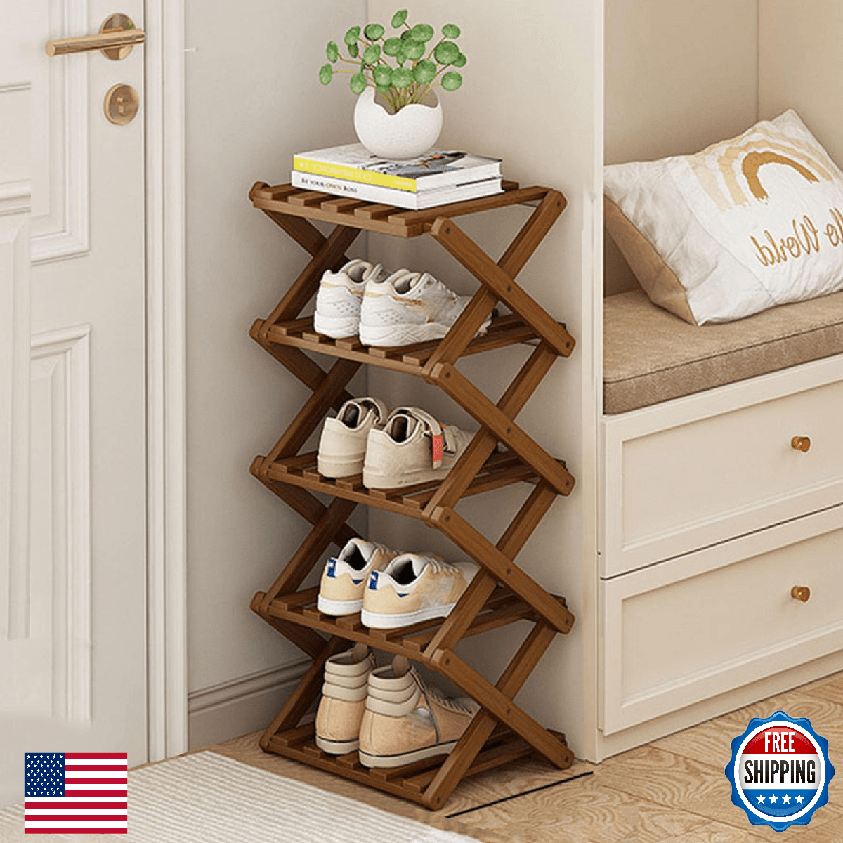 YYW Foldable Bamboo Shoe Rack Shelf Organizer - Space Saving Storage - Image 1