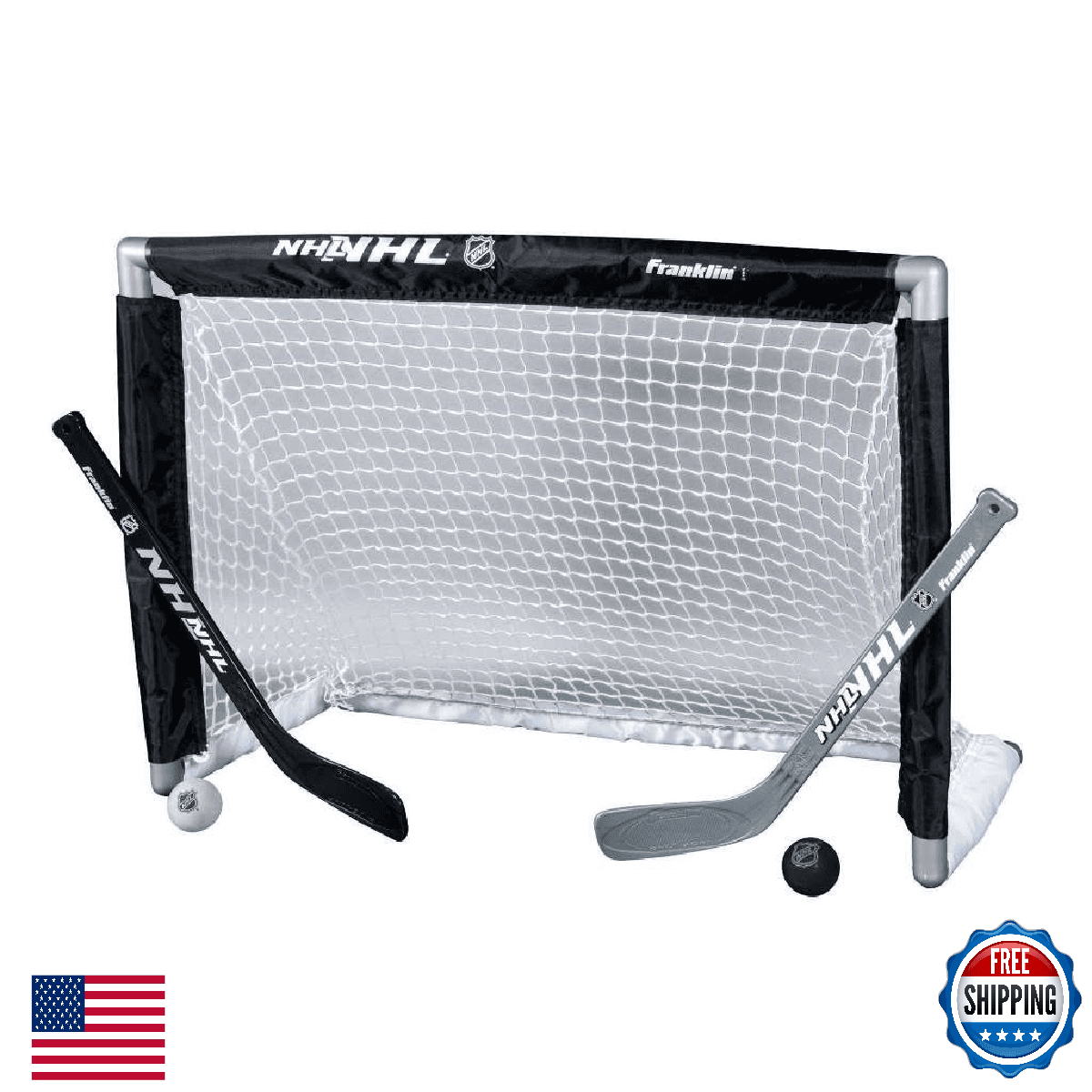 Franklin Sports NHL Mini Hockey Goal Set - 2 Sticks, 2 Balls - 28"x20"x12" - Image 1