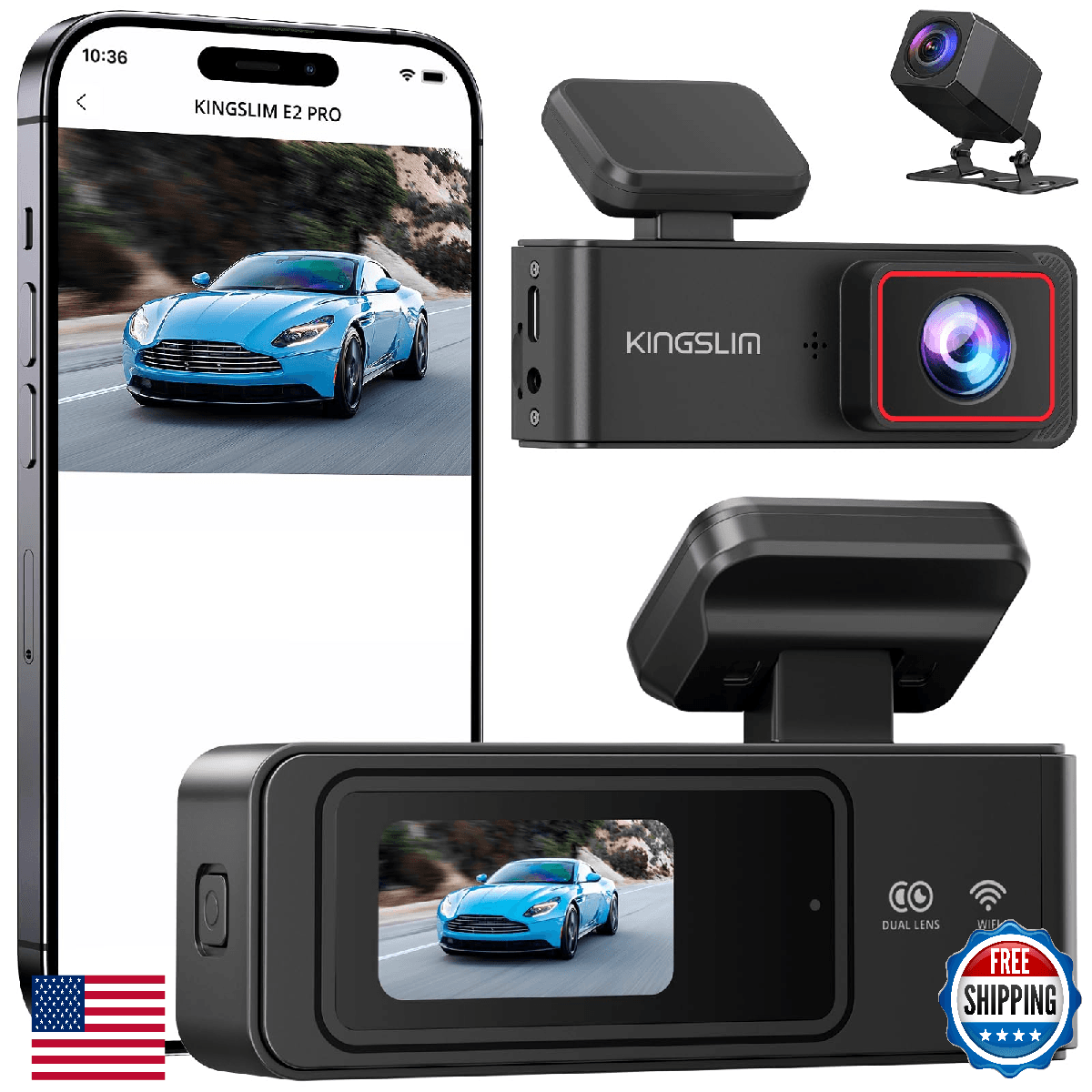 Kingslim 2K Dash Cam Front & Rear with 64GB SD, WiFi, G-Sensor, Parking Monitor - Image 1