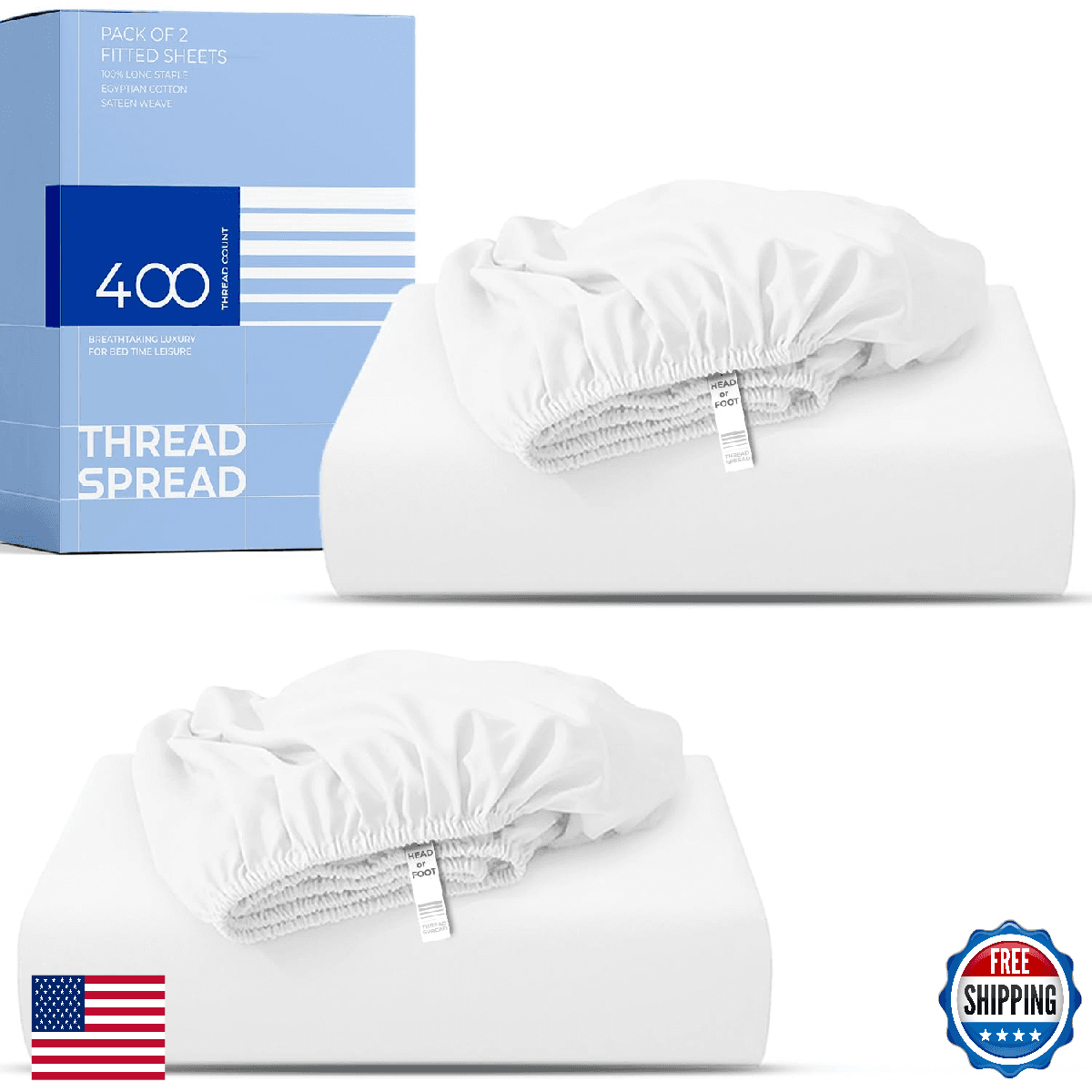THREAD SPREAD 100% Cotton Full Size Fitted Sheets Pack of 2-400 Thread Count 16" - Image 1