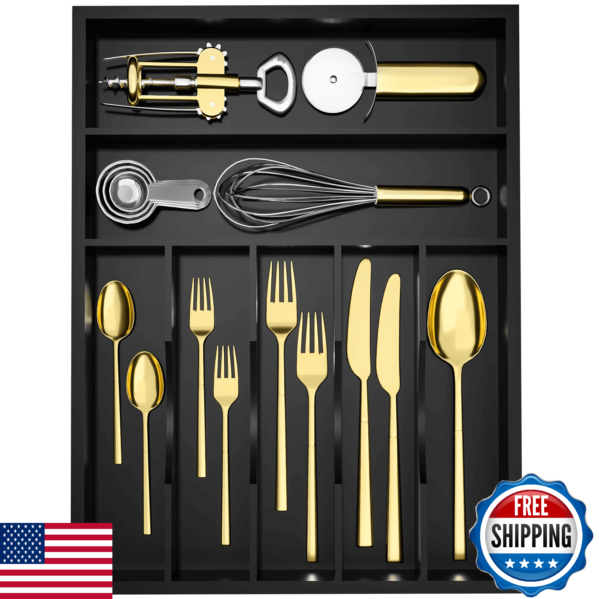 WUSHIZHUHUN Silverware Drawer Organizer 7 Slots Bamboo Cutlery Tray Kitchen - Image 1