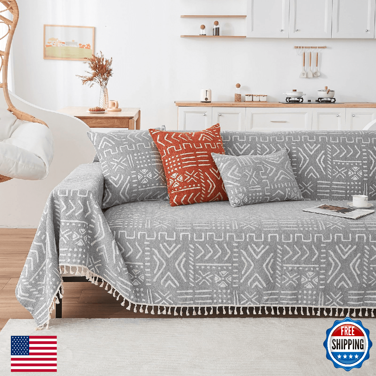 VClife Boho Gray White Couch Cover Plush Soft Chenille Couch Cover for 3-4 Cushi - Image 1