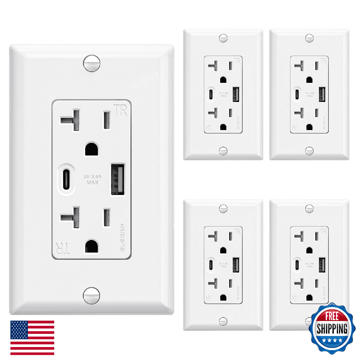 ELEGRP USB Wall Outlets 20A USB-C USB-A Receptacles Tamper Resistant 5 Pack Whit - Image 1