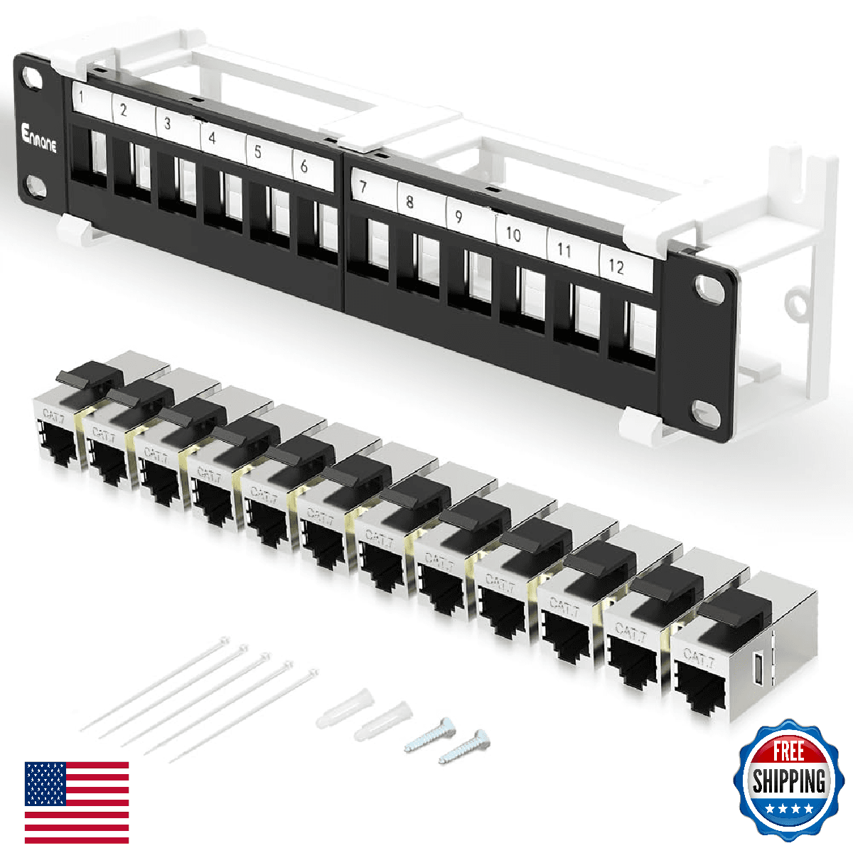 Enmane 12 Port Patch Panel CAT7 Keystone Patch Panel Wall Mount 10 Inch Bracket - Image 1