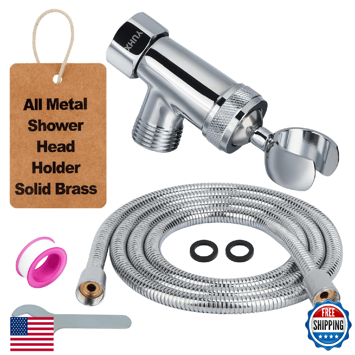 YUHX All Metal Shower Head Holder, Hose 6ft Stainless Steel, Adjustable - Image 1