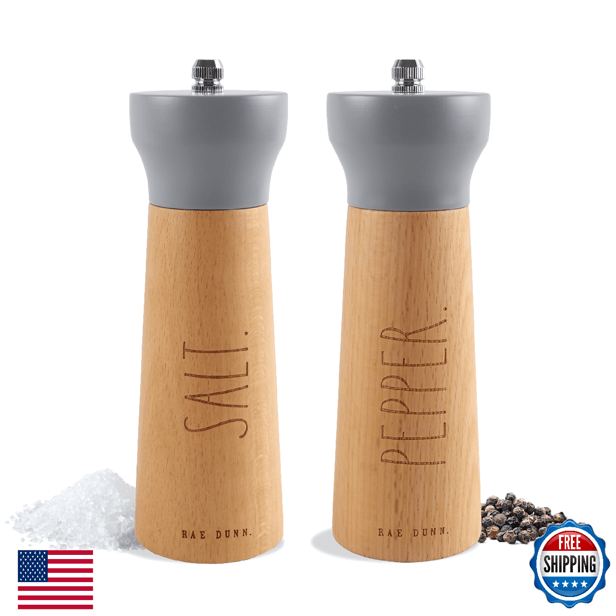 Rae Dunn Bamboo Salt & Pepper Grinder Set - Adjustable Coarseness - 6" Tall - Image 1