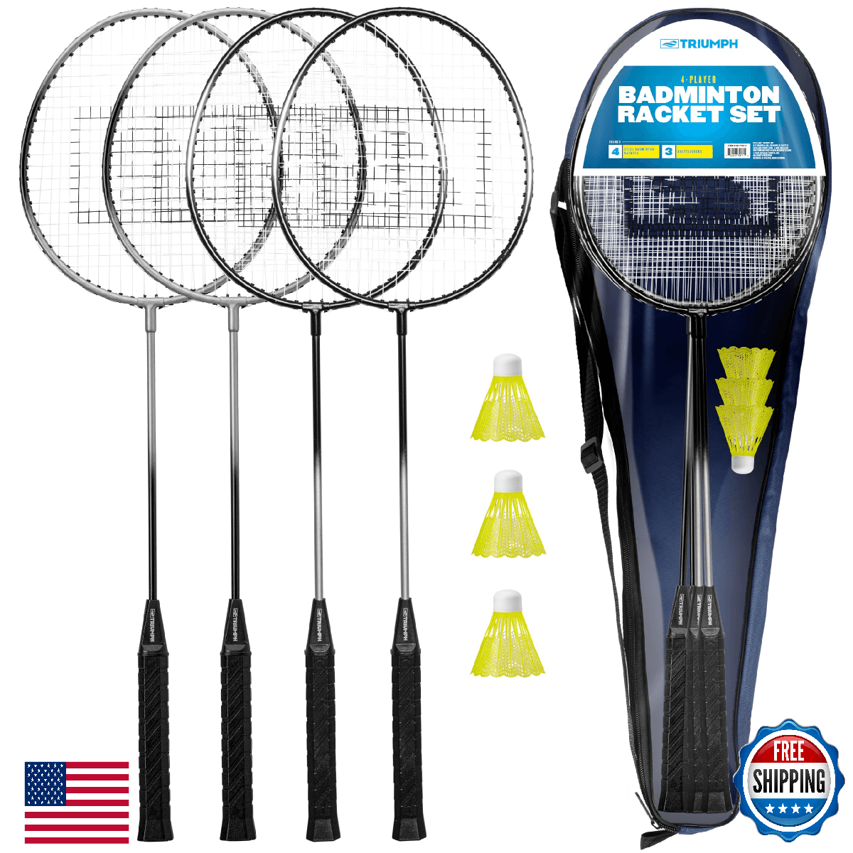 Triumph 4-Player Badminton Racket Set with 4 Steel Rackets, 3 Shuttlecocks, and - Image 1