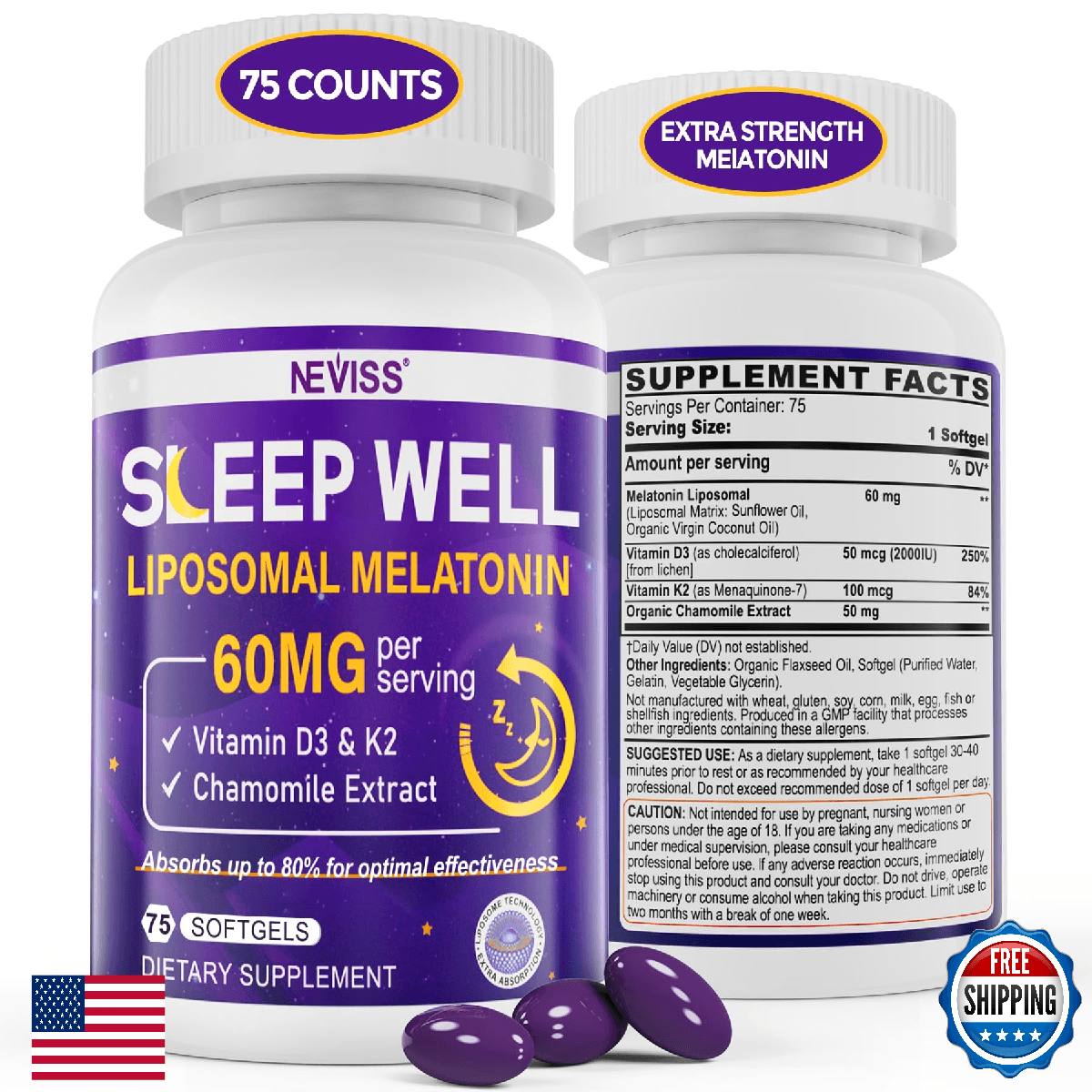 NEVISS 1Pack 60mg Melatonin Liposomal for Adults, High Dose Deep Rest & Brain Co - Image 1