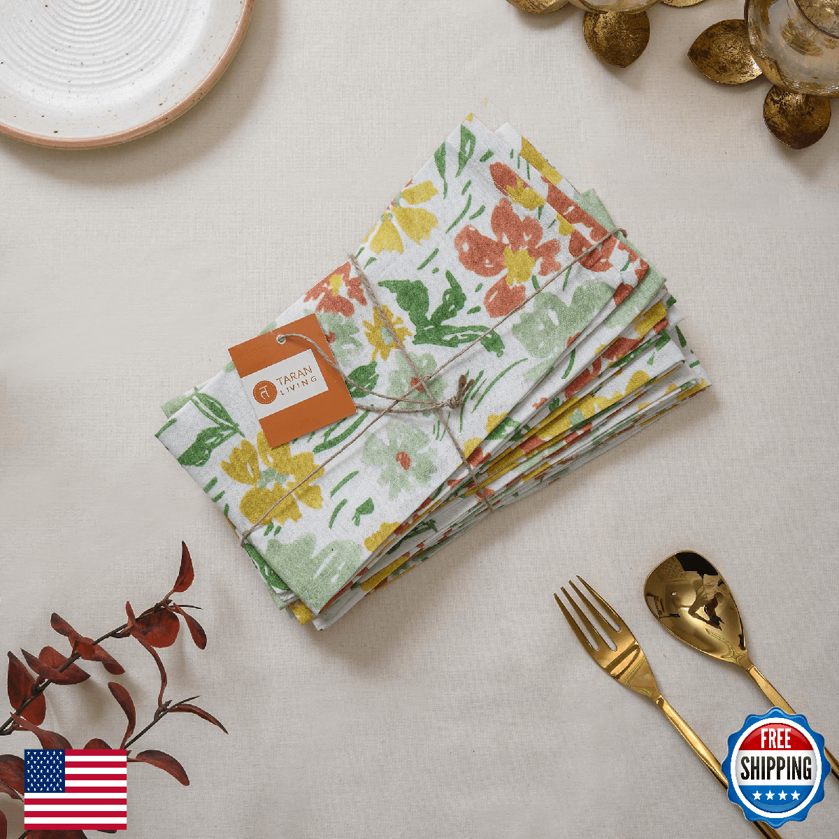 TARAN LIVING Floral Cotton Dinner Napkins - Set of 4, 18"x18", Reusable - Image 1