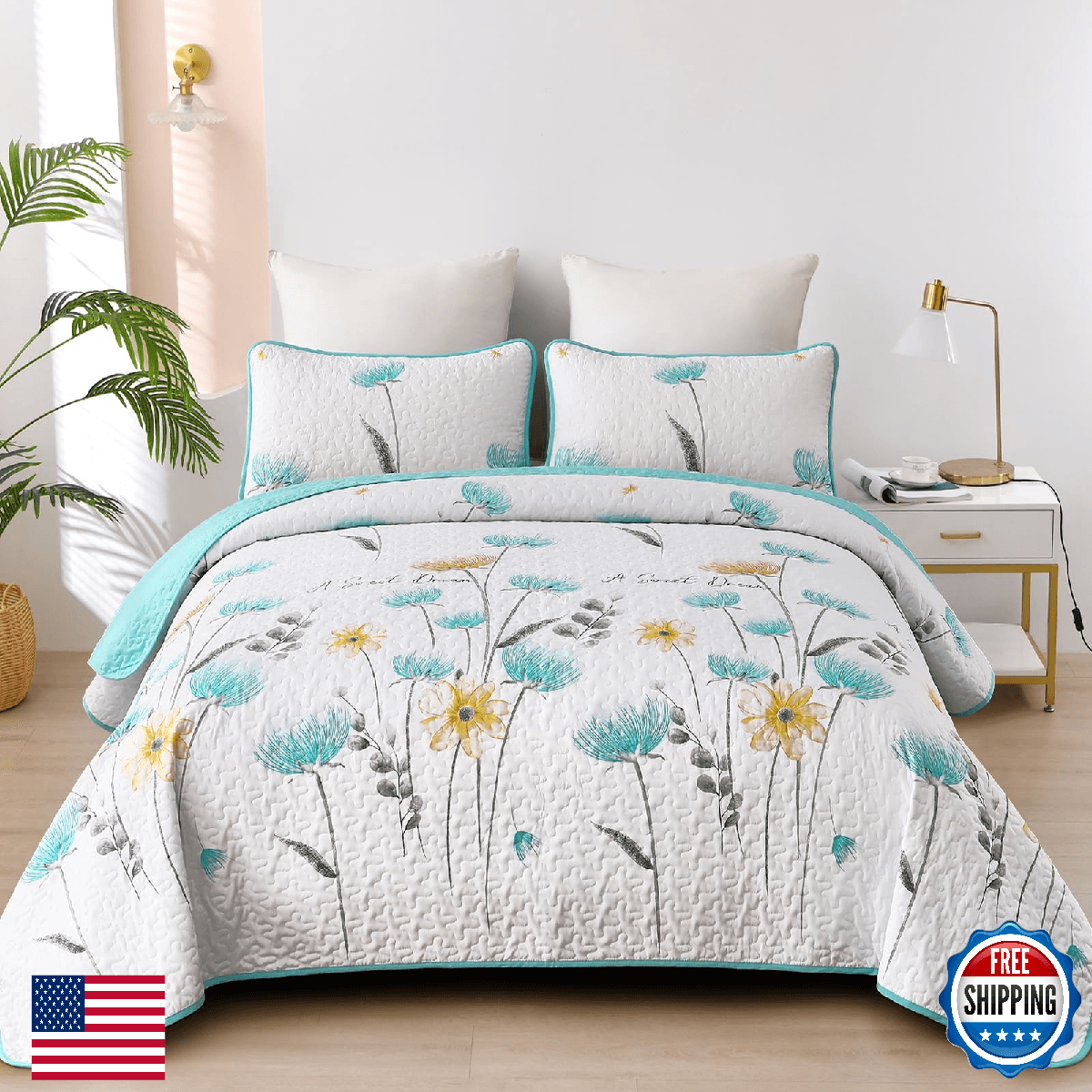 Dinjoy Floral Quilt Set Twin Size Aqua Blue 2 Piece Bedding Soft Farmhouse Light - Image 1