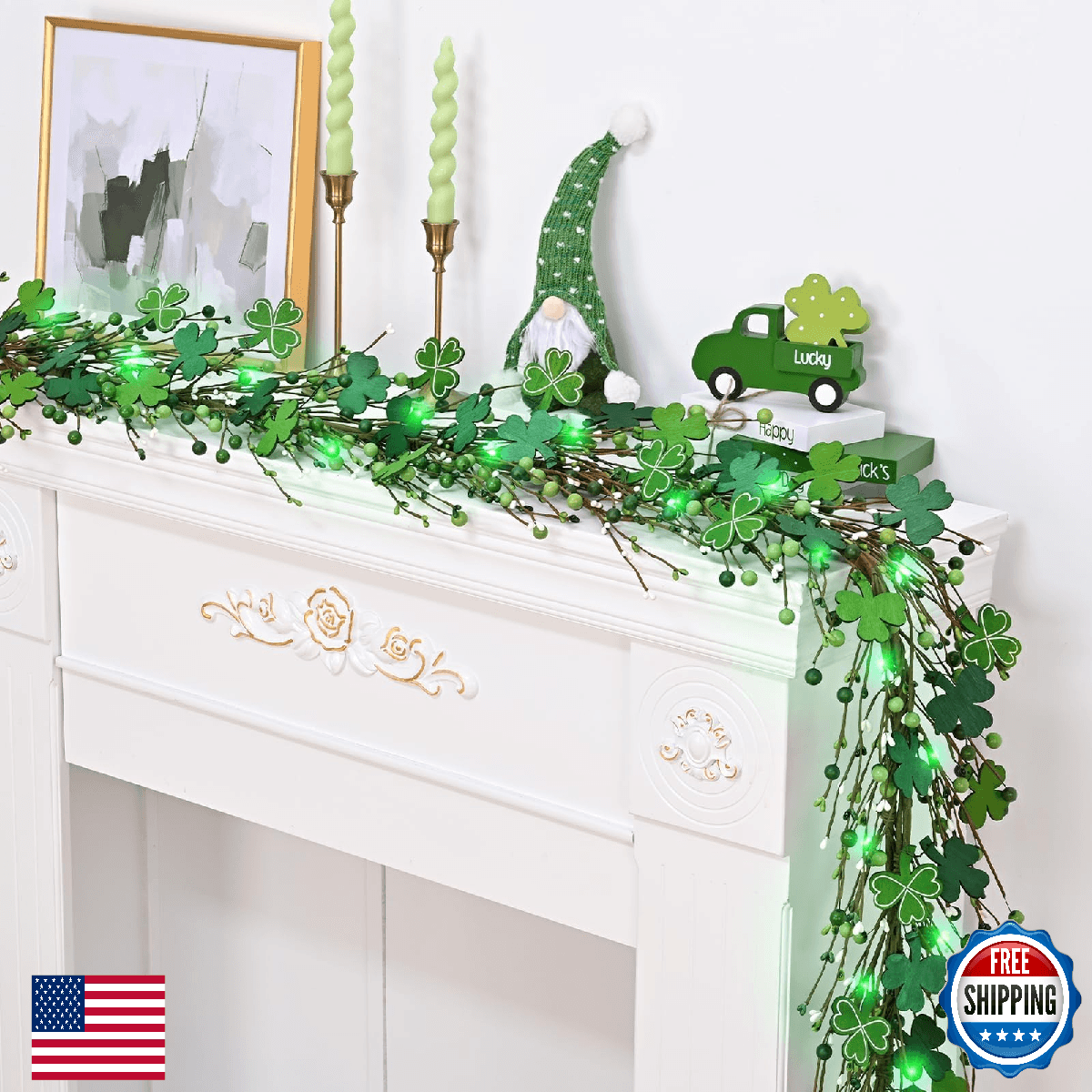 6 Ft St Patrick's Day Garland with Light, Lighted Shamrock Garlands, Green Color - Image 1