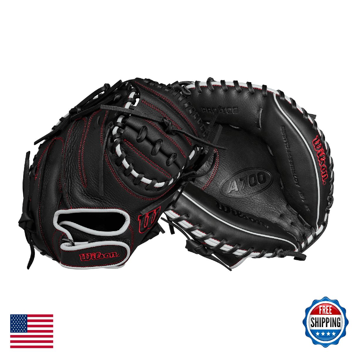 Wilson A700 FPCM 32.5" Baseball Catcher Mitt - Black/Silver/Red, Right Hand Thro - Image 1