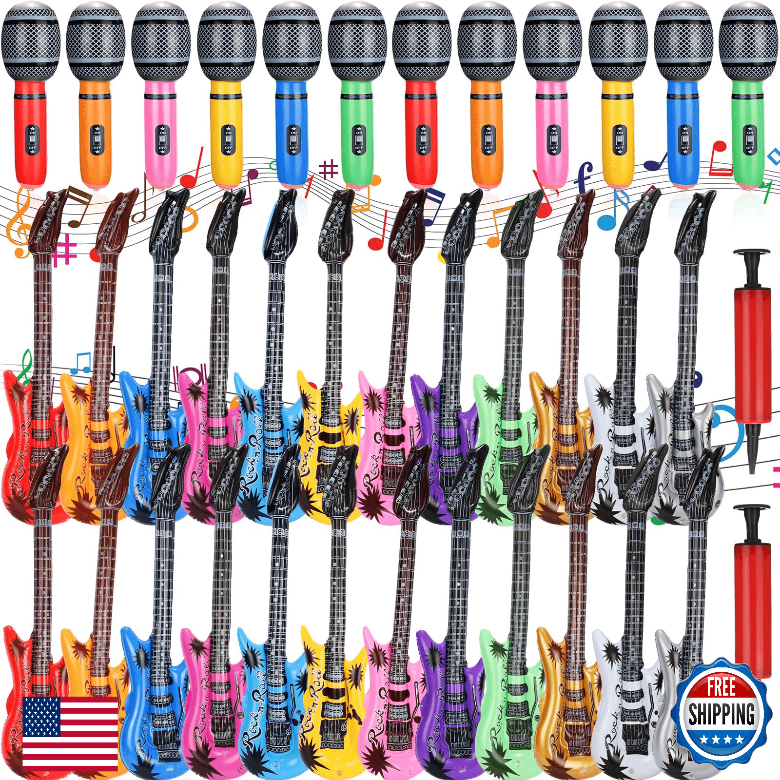 Chitidr 36 Pcs Inflatable Instruments Rock Star Toy Set - Guitars & Mics - Image 1