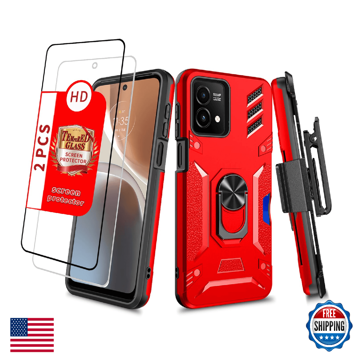 Moto G Stylus 5G 2023 Case Military Grade w/ Ring, Holster, Belt Clip, Lanyard - Image 1