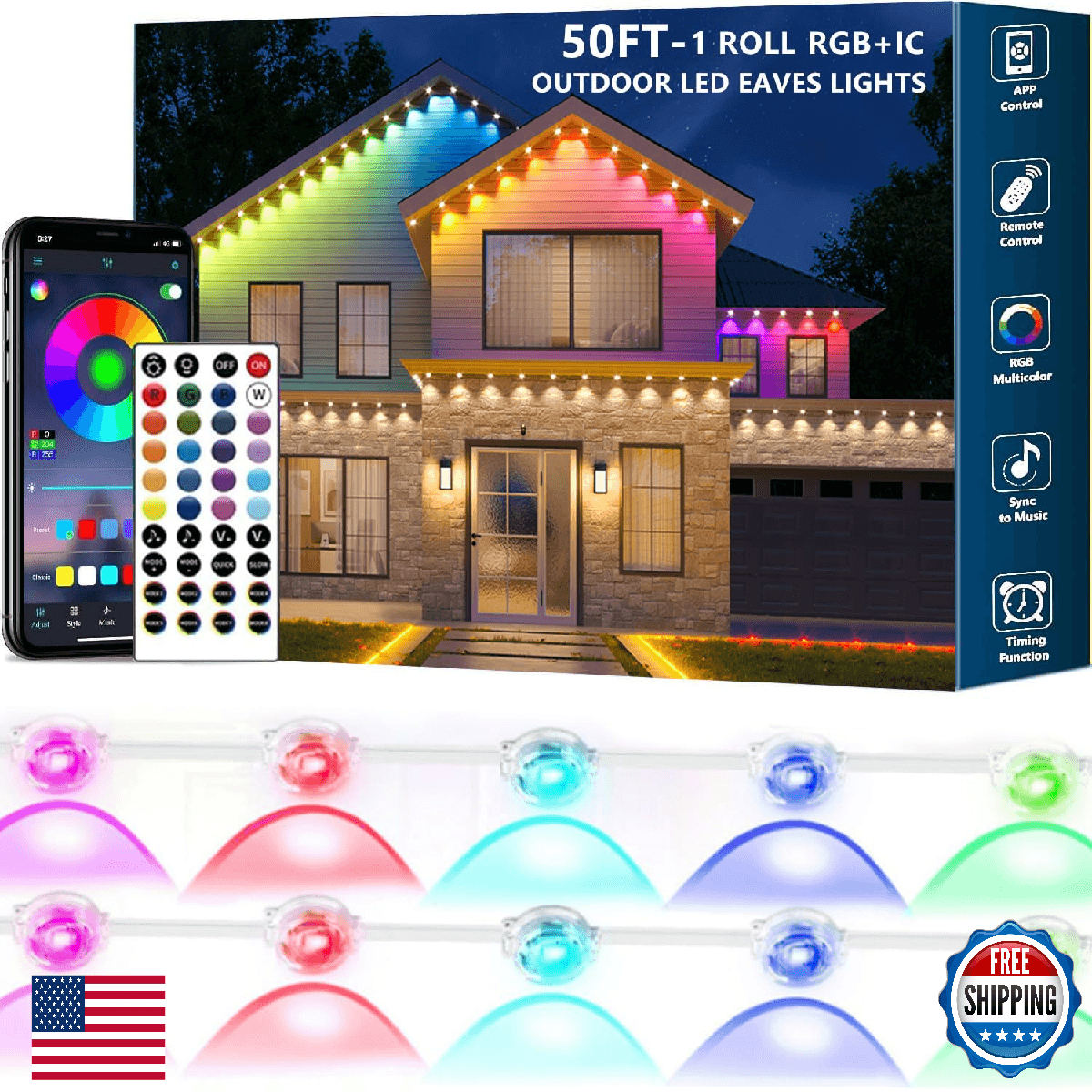 Permanent Outdoor Lights,50ft RGB + IC Smart LED Eaves Lights with App & Remote - Image 1