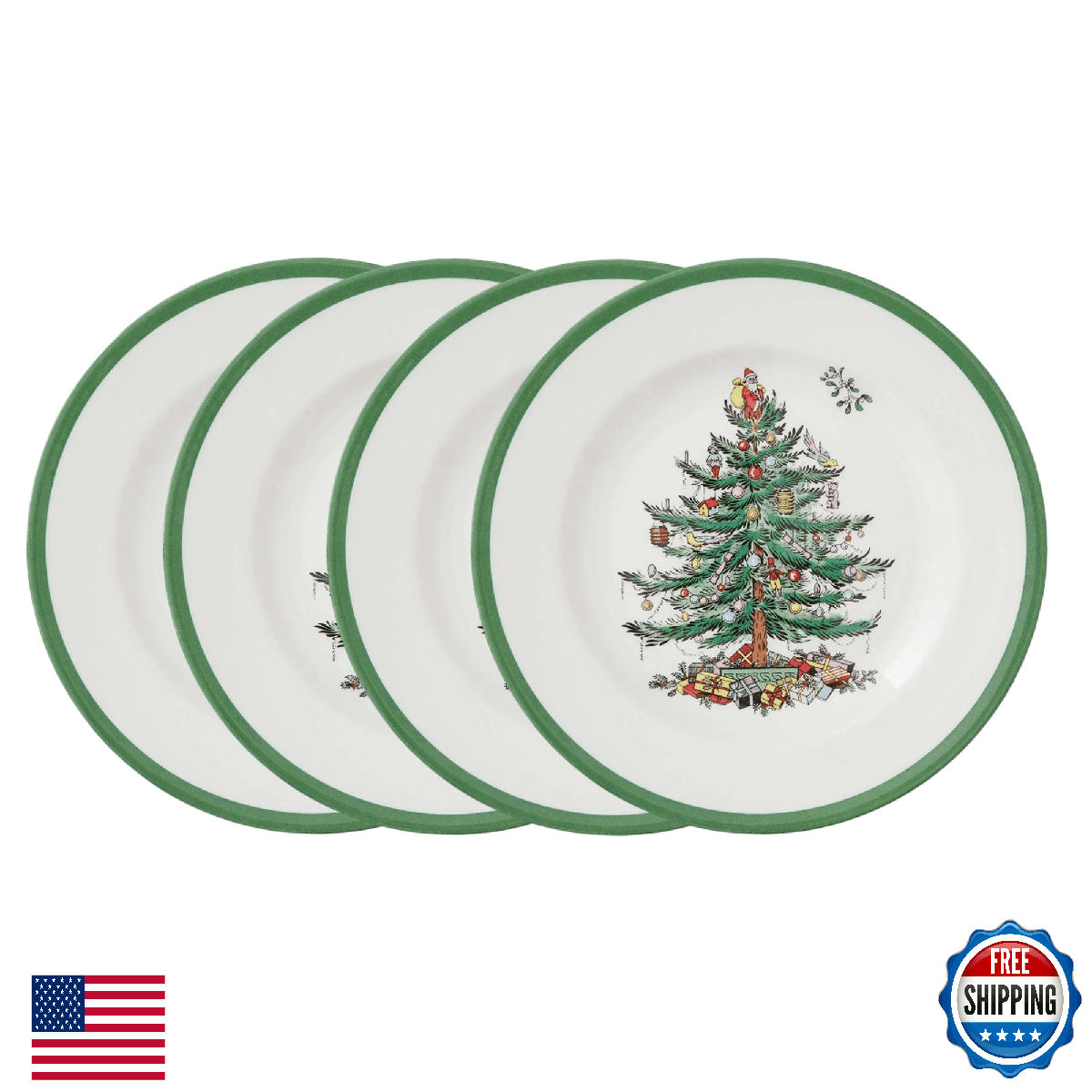 Spode Christmas Tree 8 Inch Salad Plates, Set of 4 - Holiday Earthenware Tablewa - Image 1