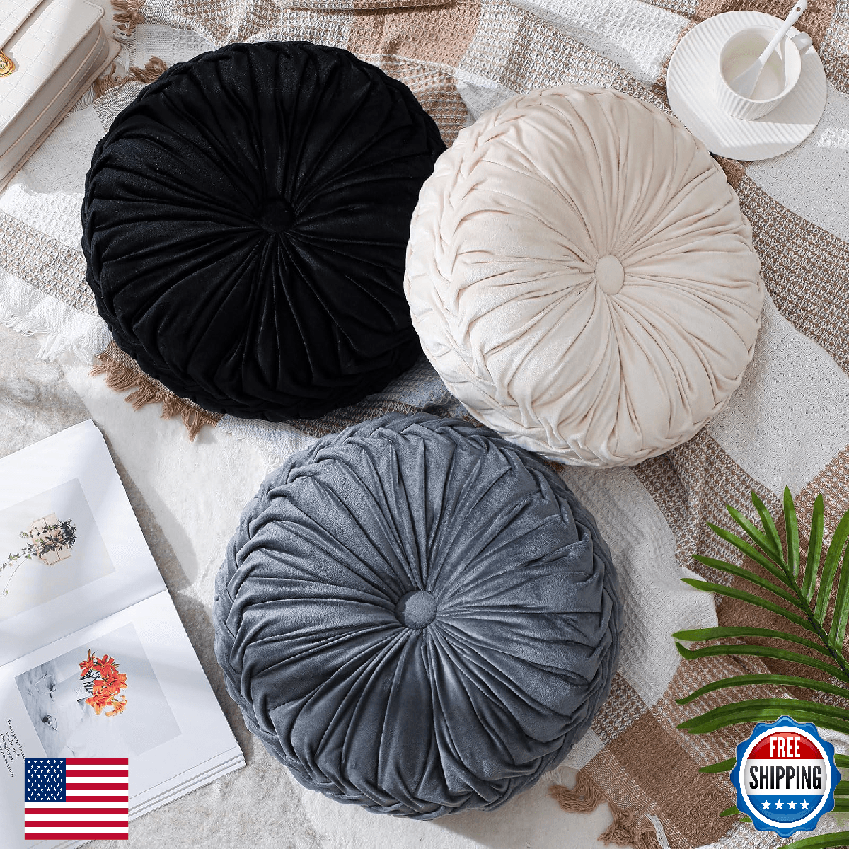 Drydiet 3 Pcs Round Throw Pillows Decorative Velvet Pleated Throw Pillows 15'' D - Image 1