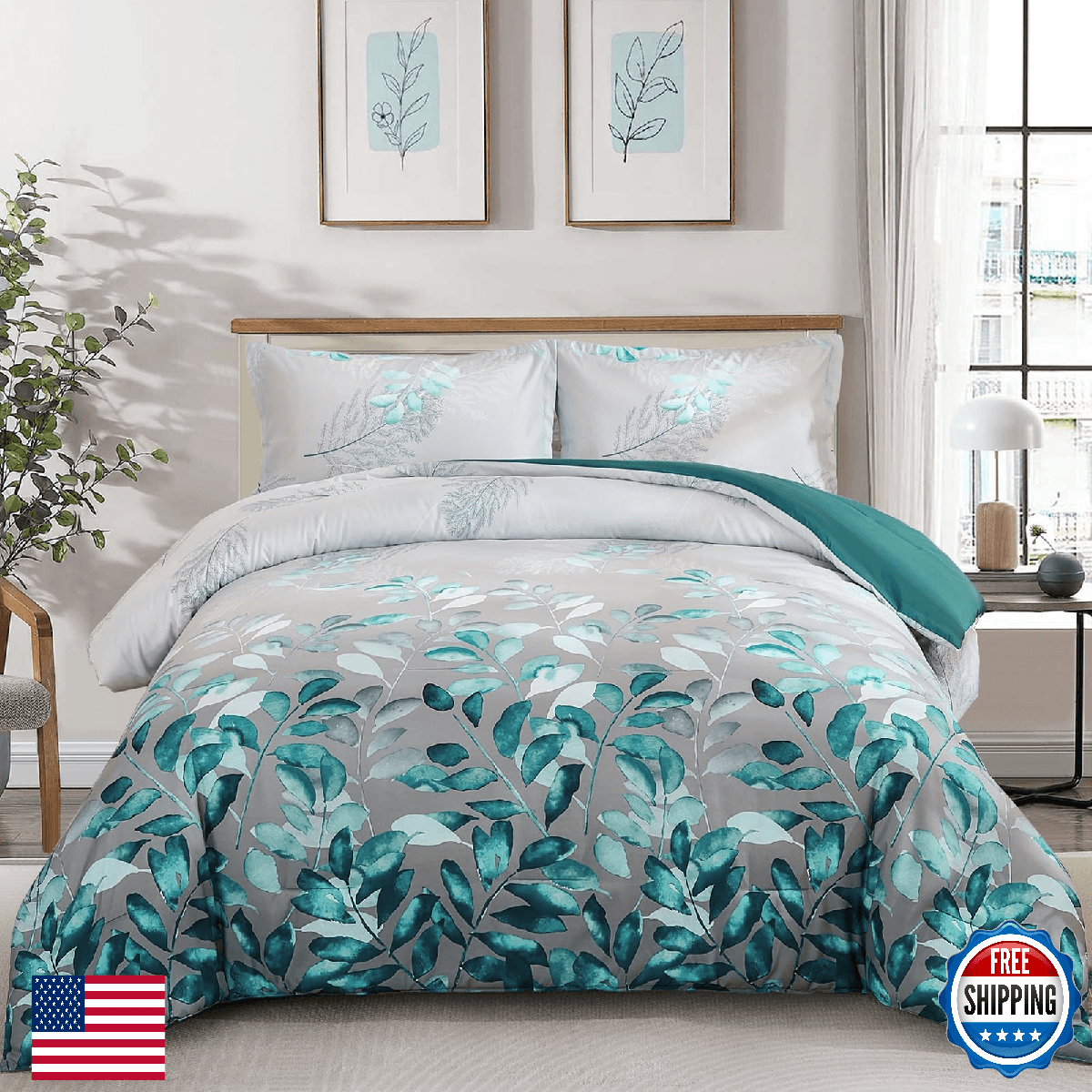 DJY Grey Comforter Set King, 3 Piece Blue Botanical Leaves Comforters with 2 Pil - Image 1