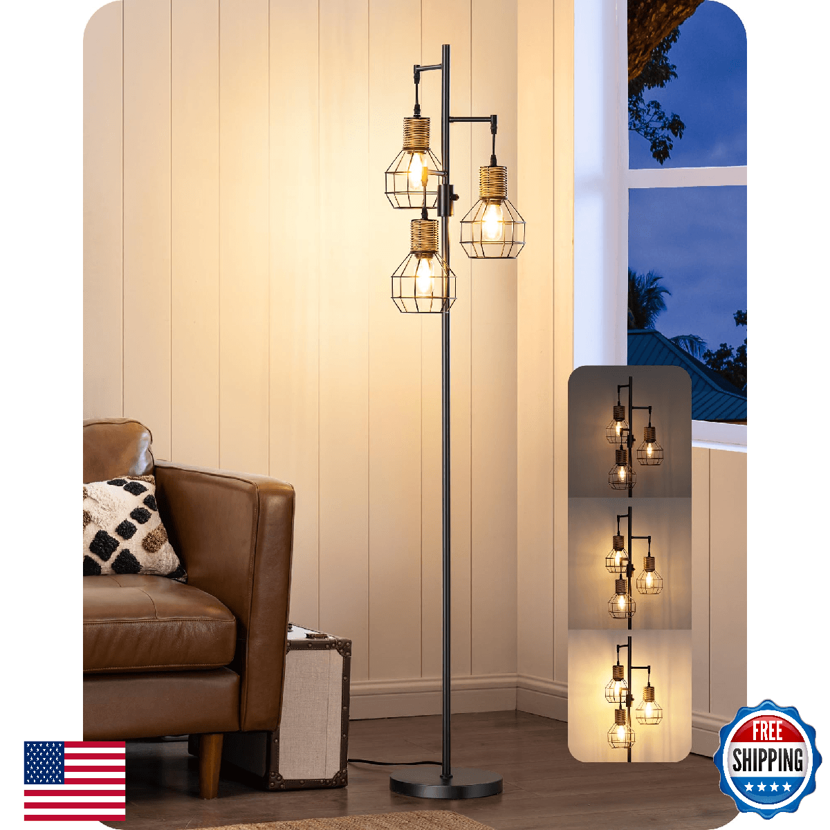 EDISHINE Dimmable Farmhouse Floor Lamp, Industrial Black Standing Lamp for Livin - Image 1