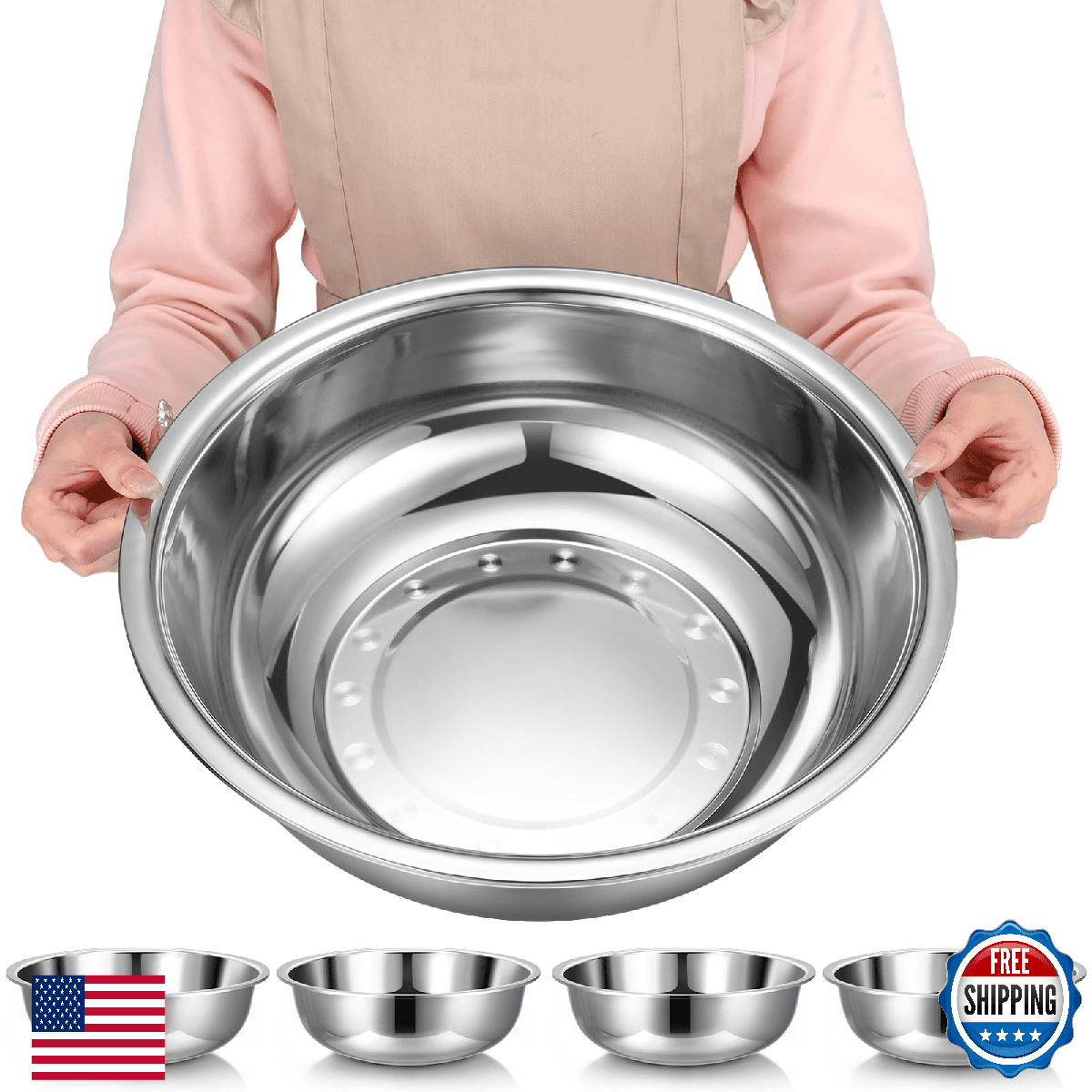 Nuogo 4 Pcs Stainless Steel Mixing Bowls - Extra Large Metal Basin Set - Image 1