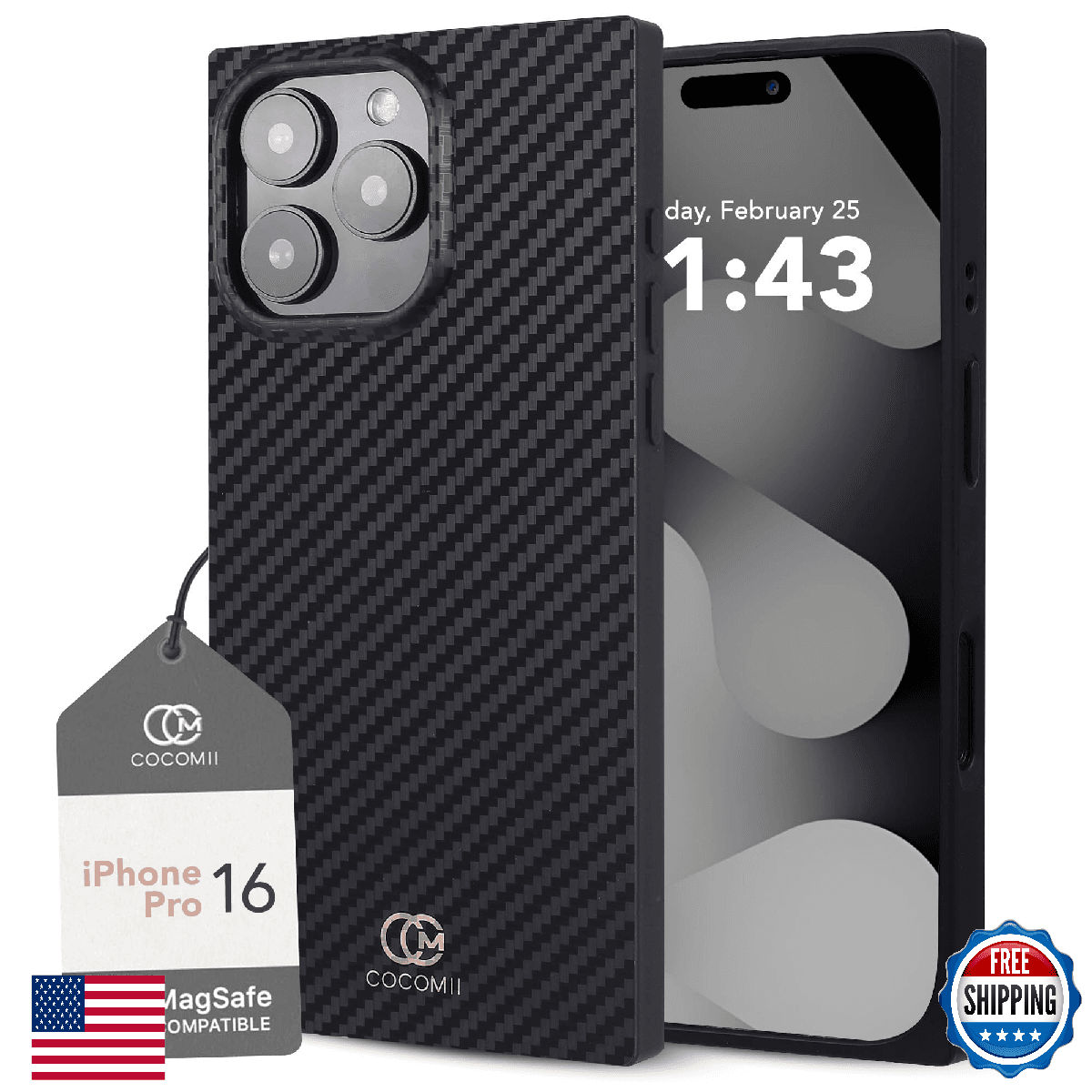 Cocomii iPhone 16 Pro Rectangle MagSafe Case Carbon Fiber Glossy Black 6.3" - Image 1