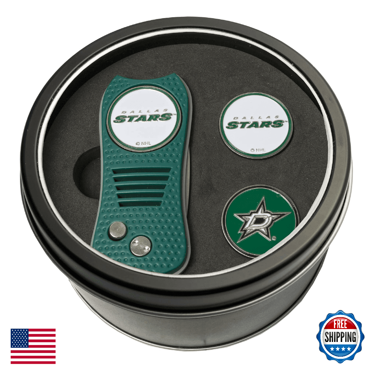 Team Golf NHL Dallas Stars 2 Ball Markers Tin Gift Set W/ Retractable Divot Tool - Image 1