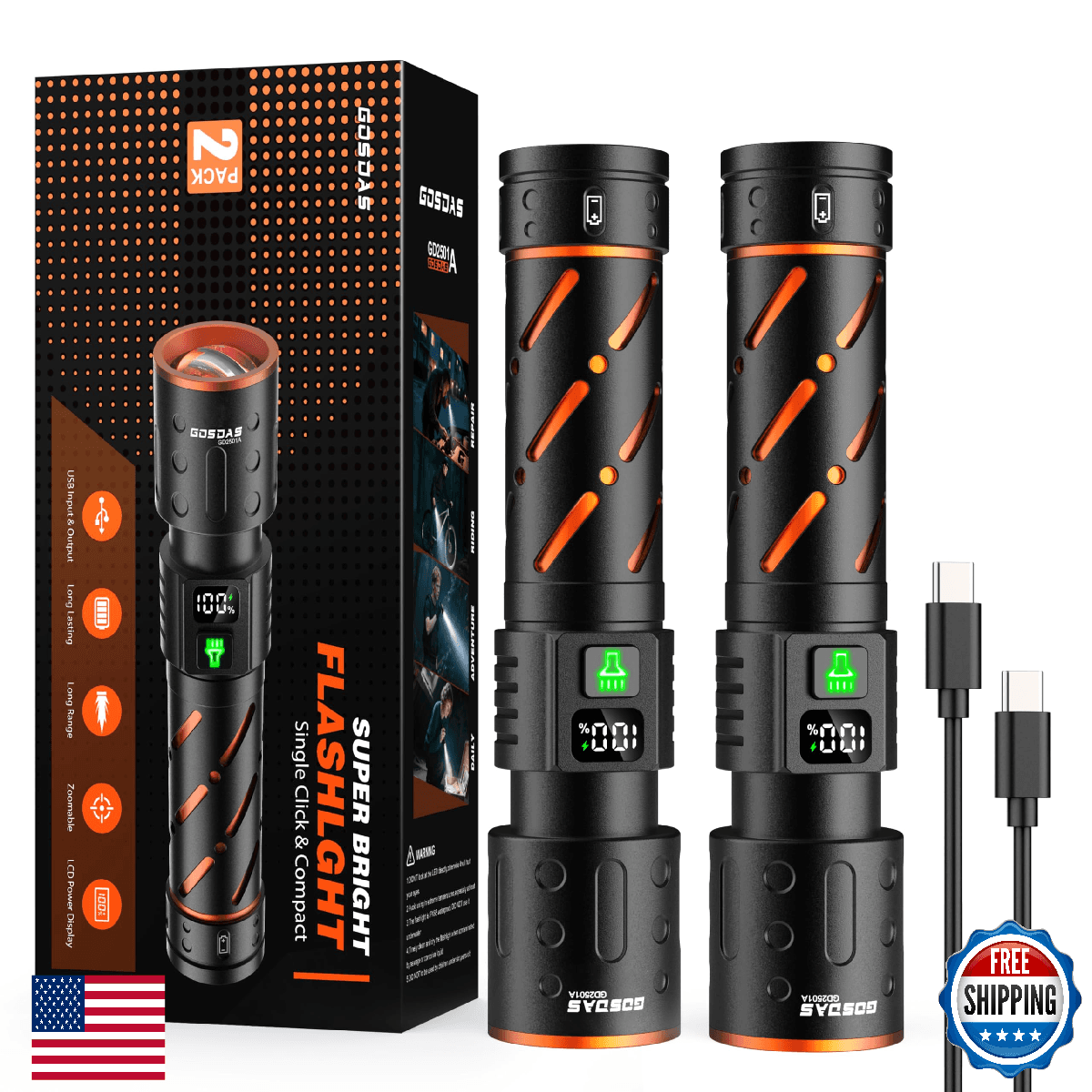 Gosdas Rechargeable 2 Pack Flashlights 10000 Lumens 30W LED USB C LCD Display Ca - Image 1