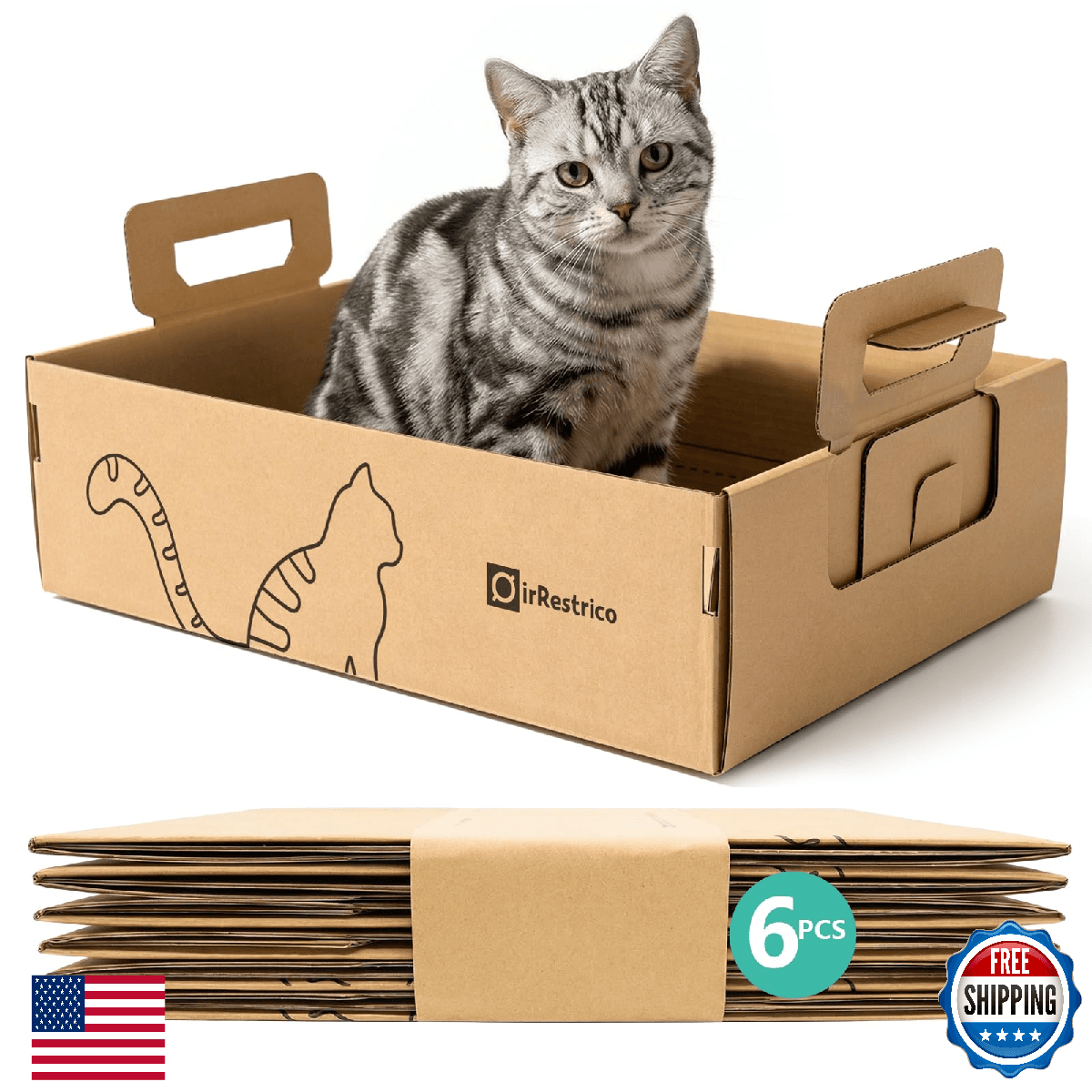 IRRESTRICO 6-Pack Large Disposable Cat Litter Box, Recyclable Cardboard, Waterpr - Image 1