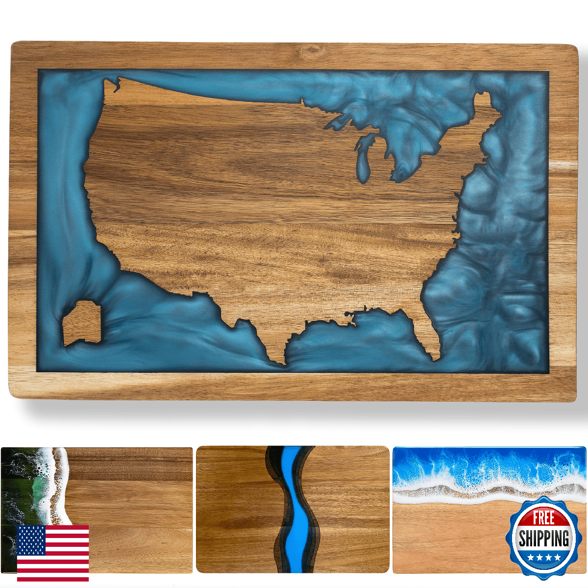 LILKUISYN Acacia Wood Cutting Board USA Map Shape Blue - 15x10 Inch - Image 1