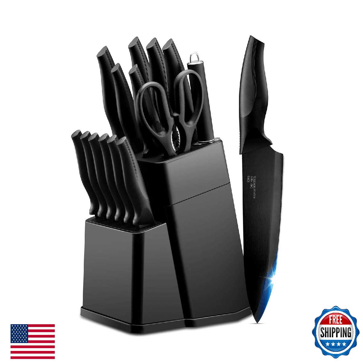 LIANYU Kitchen Knife Set with Block and Sharpener, 15 Pieces Knife Block Set, Hi - Image 1