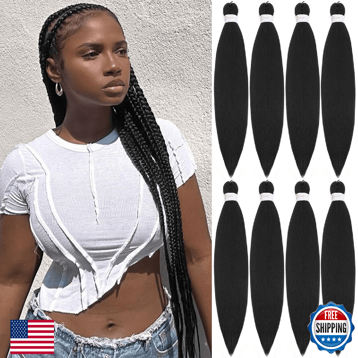 Pofworld 24" 8-Pack Pre-Stretched Braiding Hair Natural Black Yaki Texture - Image 1