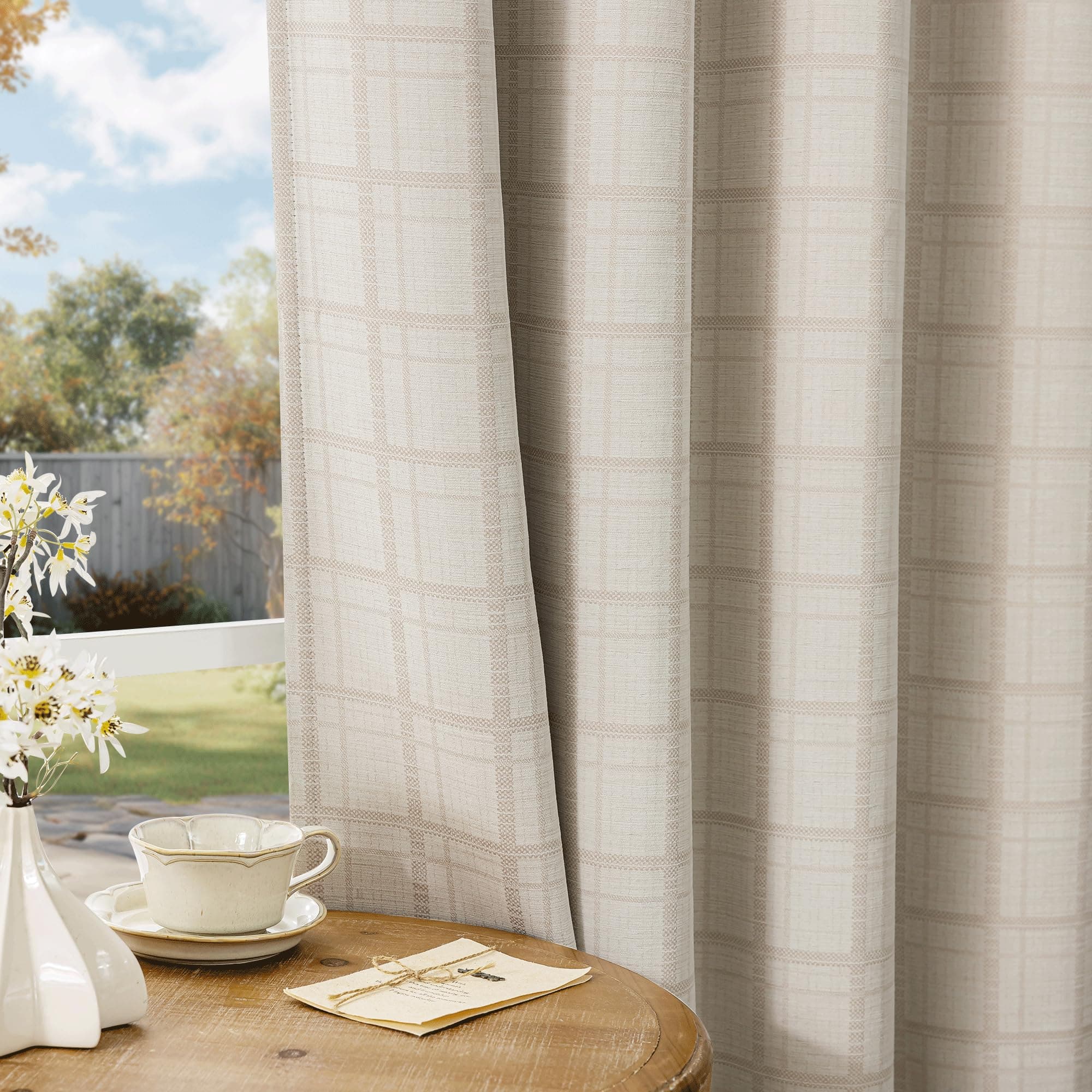 Beauoop Beige Plaid Jacquard Blackout Curtains 84 Inches Long 2 Panels for Bedro - Image 1