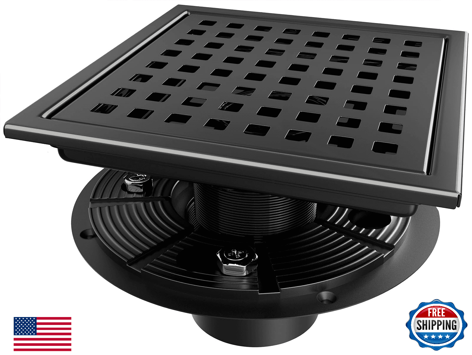 Elefloom 6in Square Black Stainless Steel Shower Floor Drain w/ Removable Grate - Image 1