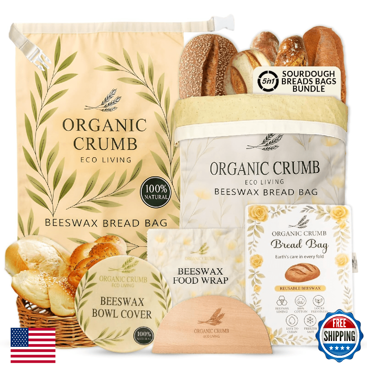 Organic Crumb Reusable Bread Bags for Homemade Bread (5 in 1) – 2 XL Cotton Bees - Image 1