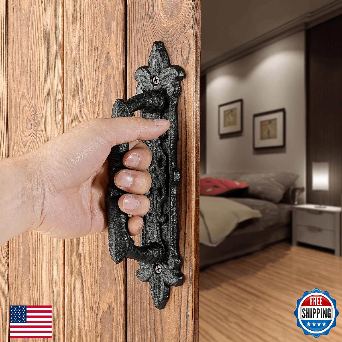 INIRET 4-Pack 8.9" Black Cast Iron Barn Door Handles Heavy Duty Rustic Vintage - Image 1