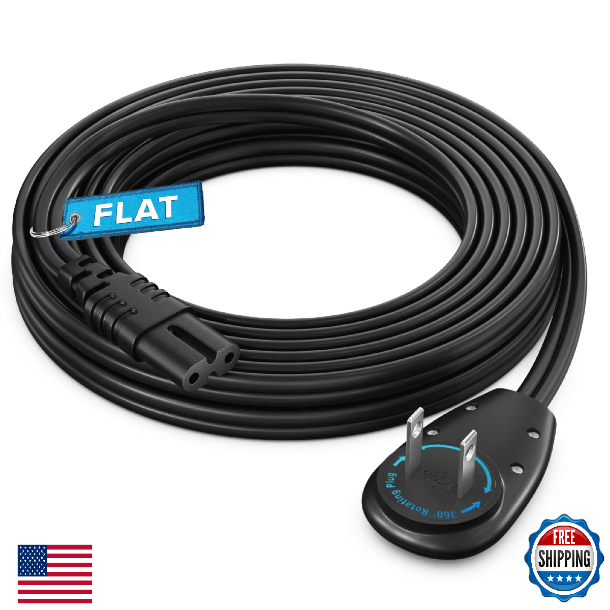 Maximm 2-Prong TV Power Cord 12ft, 360° Rotating Flat Plug, UL Certified, Non-Po - Image 1
