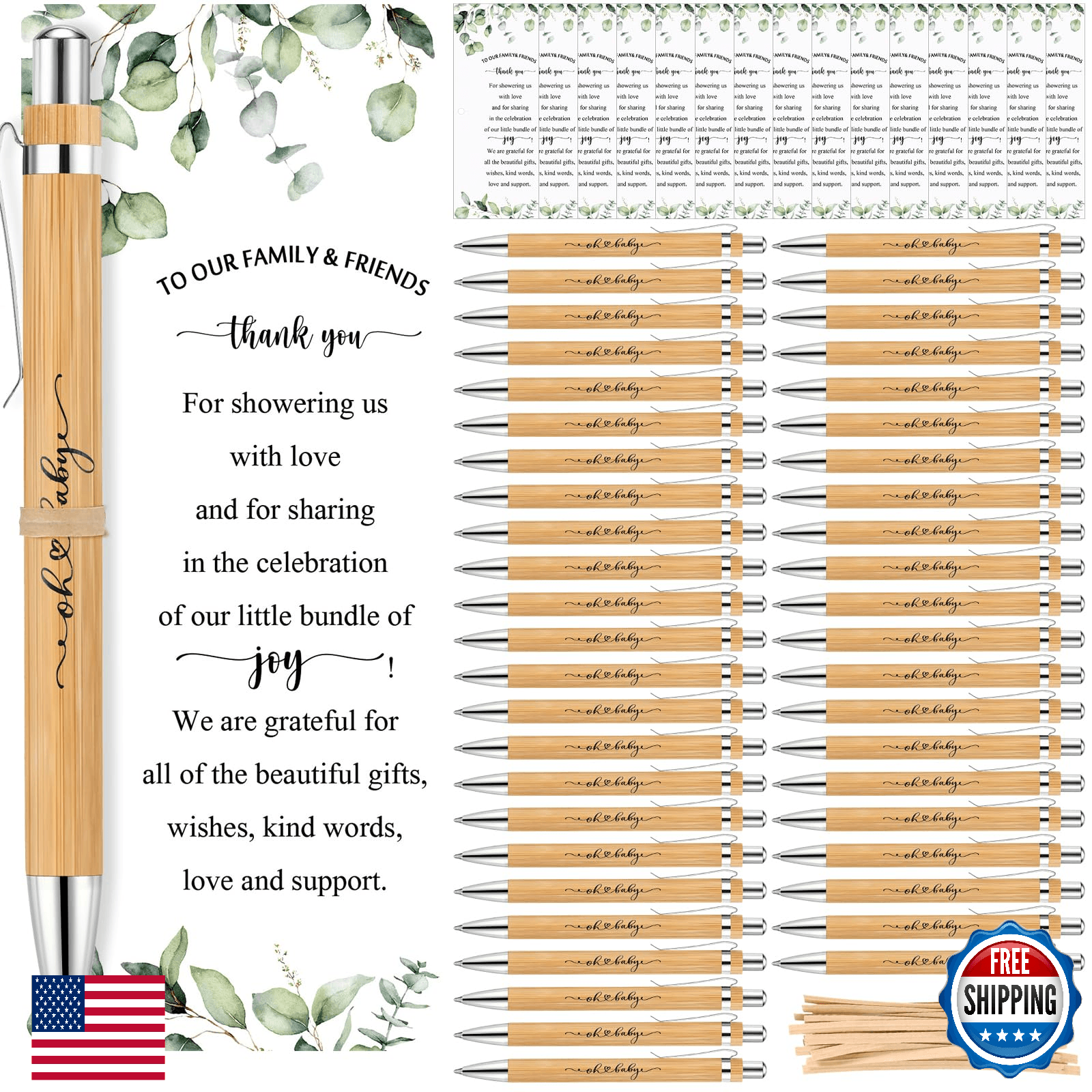 100 Sets Greenery Woodland Baby Shower Pen Gifts for Guest Baby Thank You Cards - Image 1