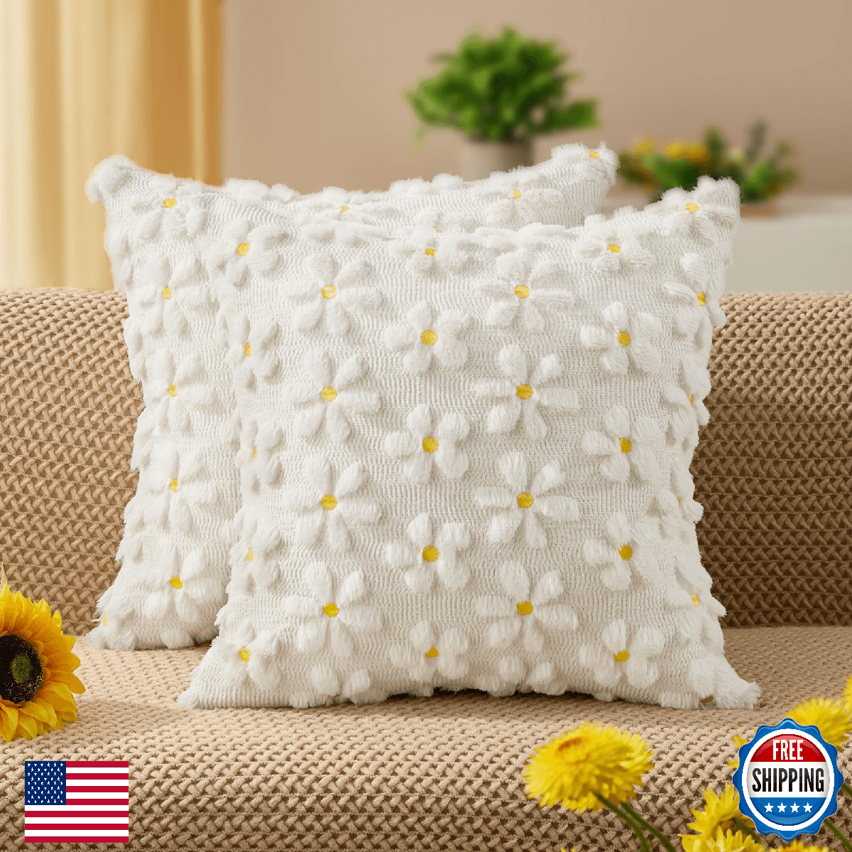 DFXSZ Spring Summer Pillow Covers 20x20 inch Set of 2 Farmhouse Decor Yellow Flo - Image 1