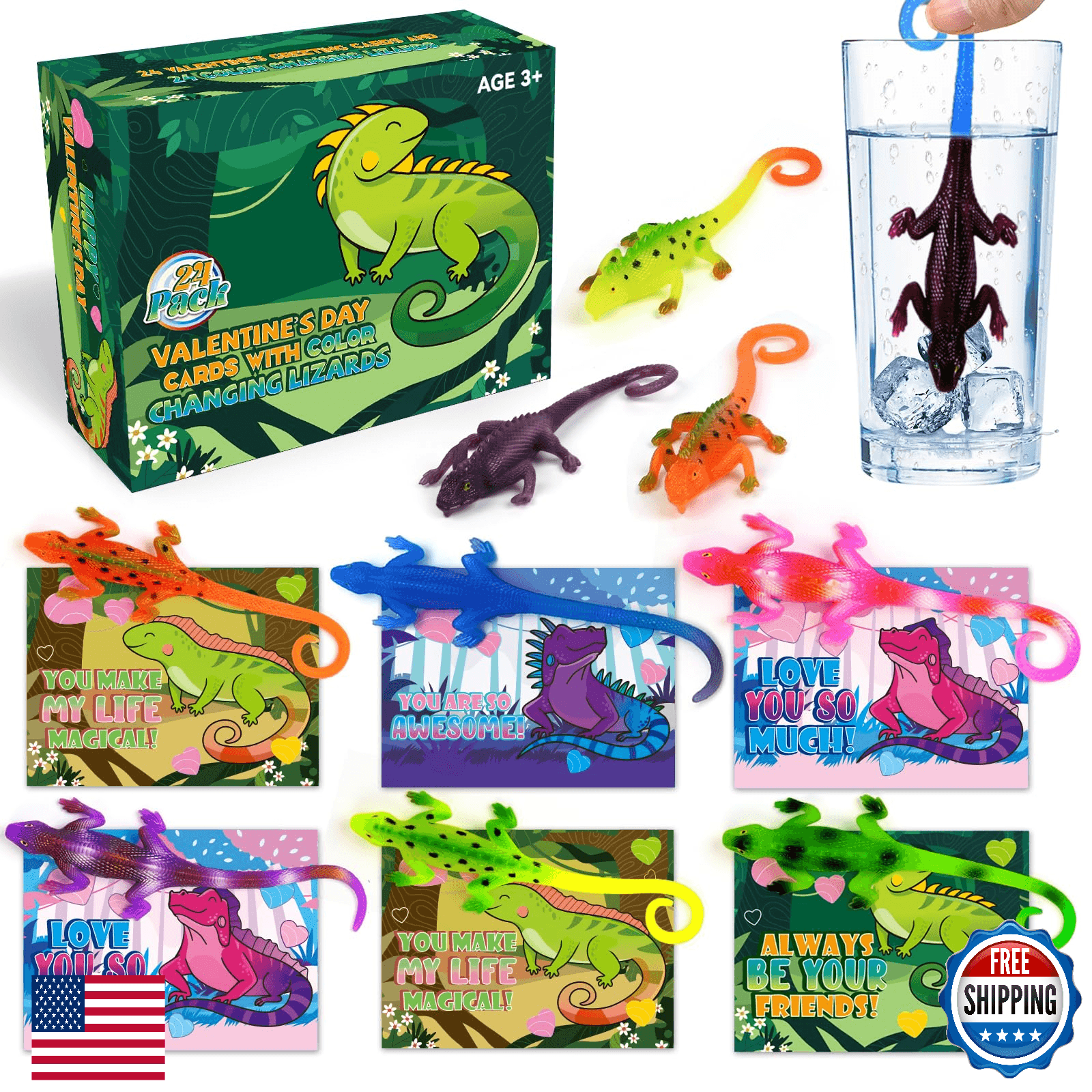 ShyLizard 24PC Valentine Kids Cards School Classroom Exchange W/ Color Change Li - Image 1