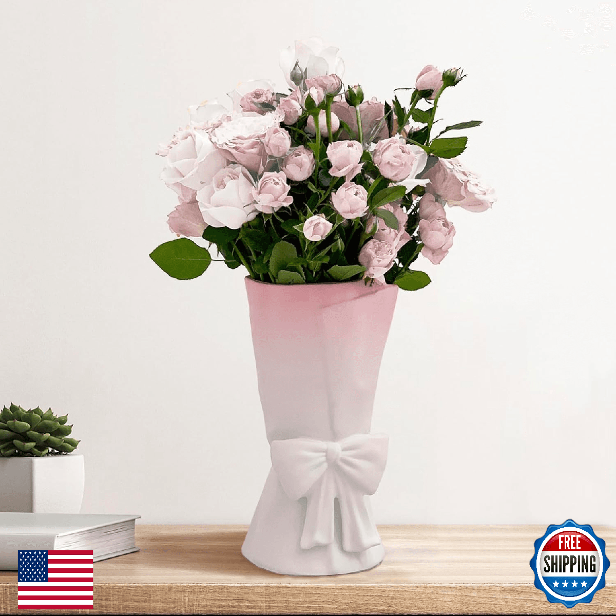 Relexome Pink White Ceramic Bow Vase 9.64" Modern Decorative Bouquet Flower - Image 1