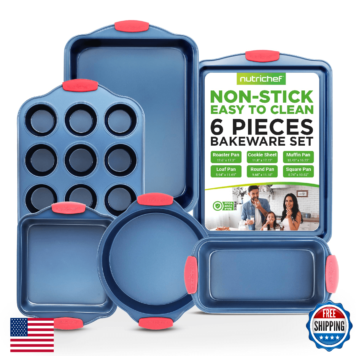 NutriChef 6-Pc Nonstick Bakeware Set Carbon Steel Pans w/ Red Silicone Handles - Image 1