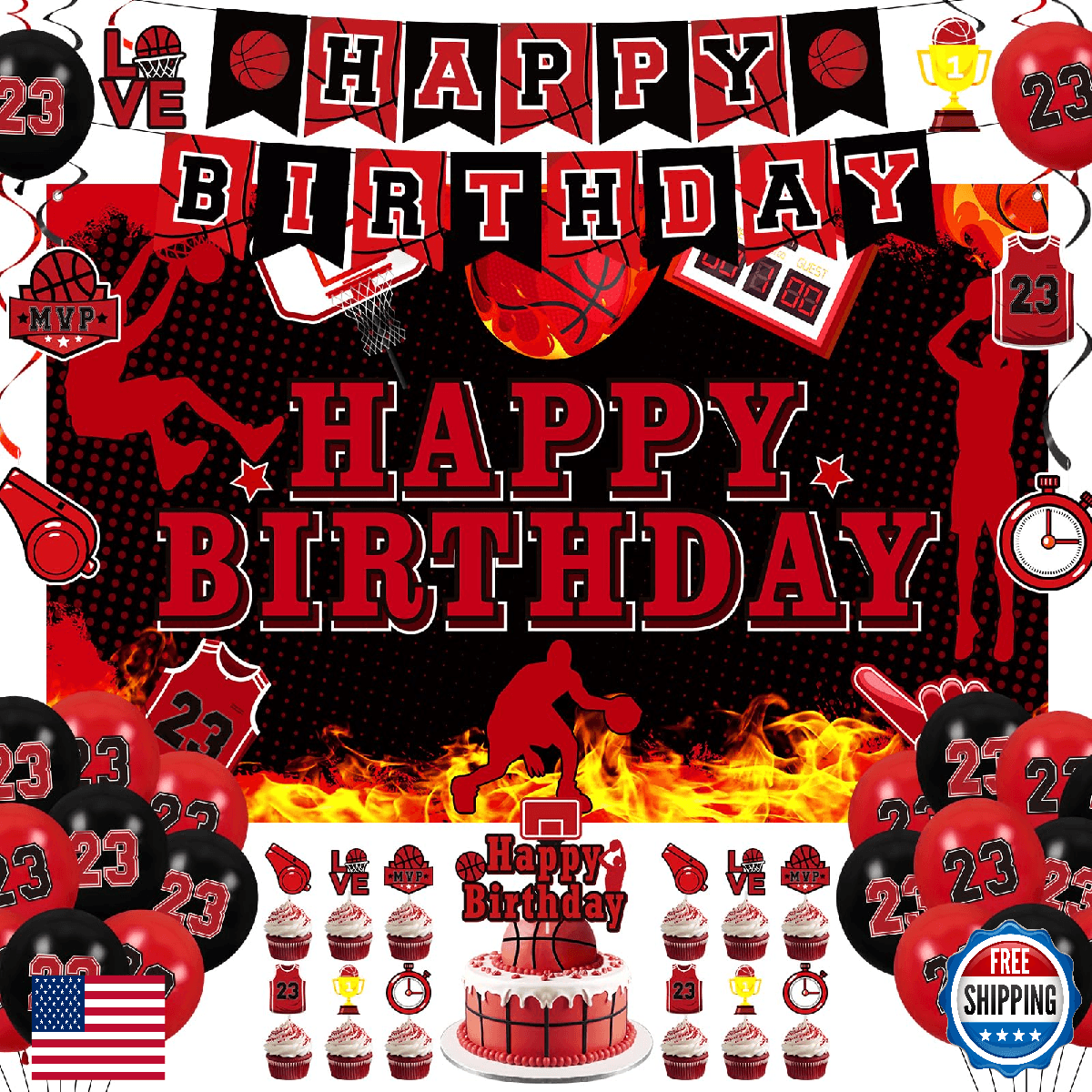 Basketball Party Decorations - 51Pcs Black Red Birthday Banner & Balloons Set - Image 1