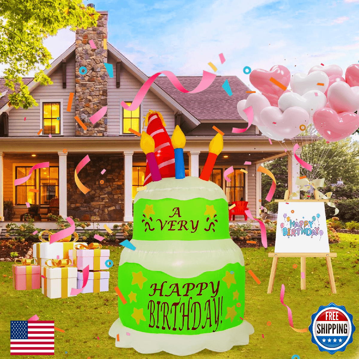 HZGDEJTG 4FT Green Inflatable Birthday Cake with LED Lights for Outdoor Party De - Image 1