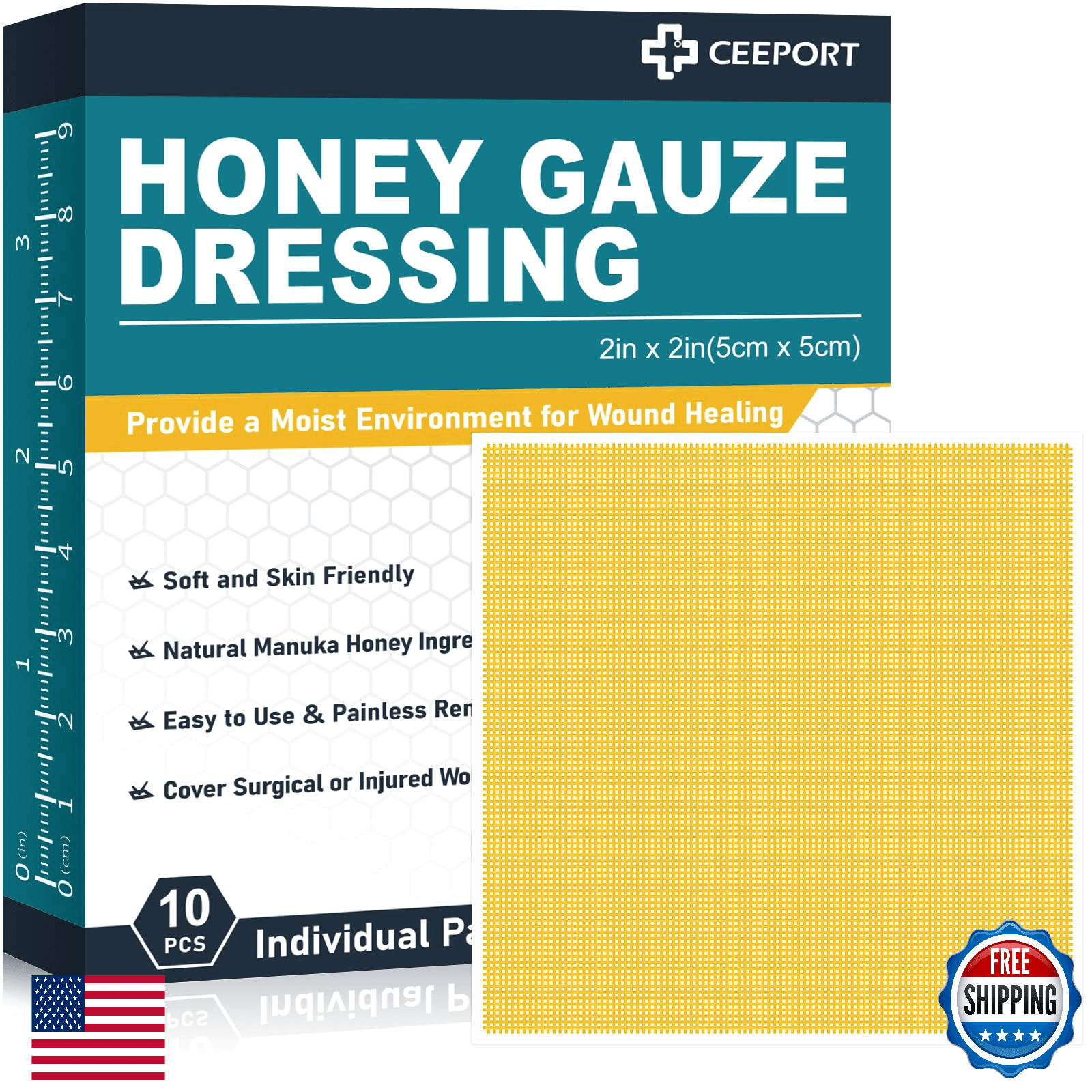 Ceeport Manuka Honey Gauze Wound Dressing 2" x 2",10 Pack Manuka Honey Wound Car - Image 1